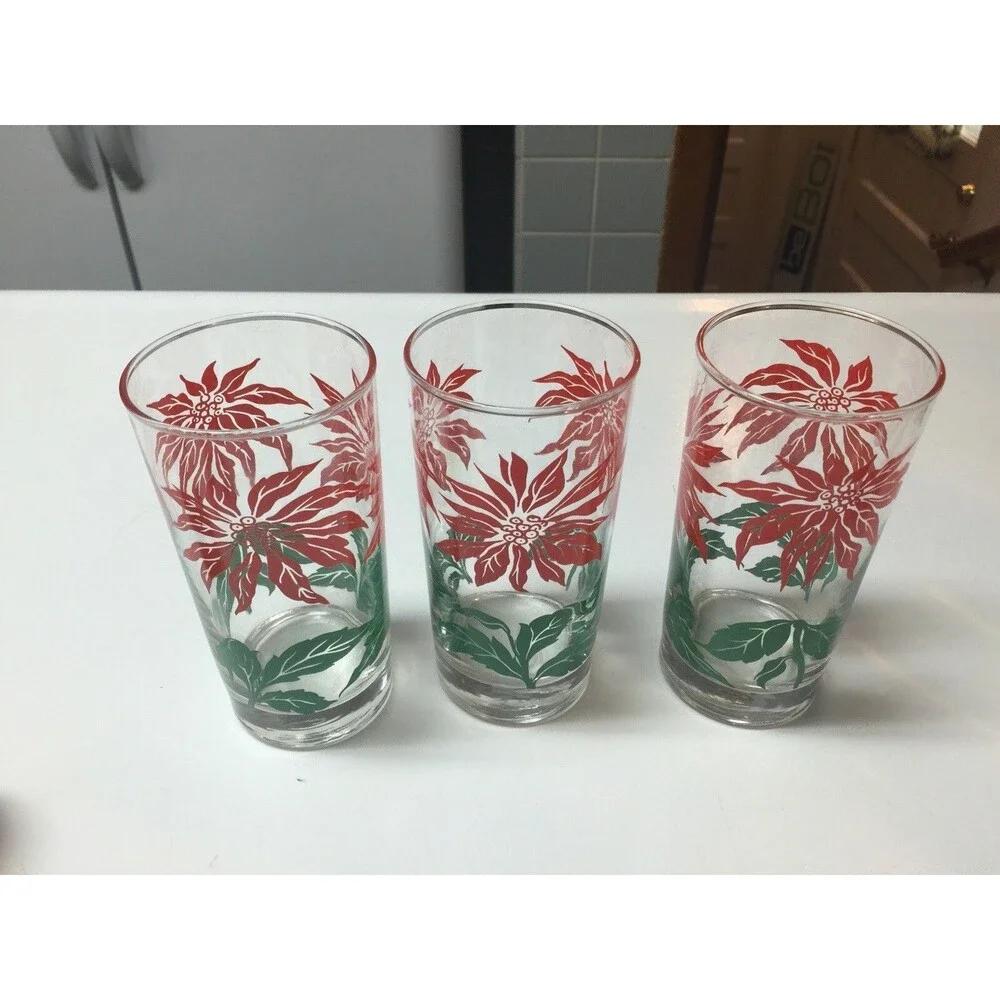 Vintage Christmas Jar w/ Metal Lid, Wooden Handle & 3 Glasses - Poinsettias